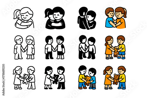 Sibling Love Icons. Icon Set of Sibling love moments: siblings hugging, holding hands, sharing toys. Icons set in vector style, emblematic variations. Siblings