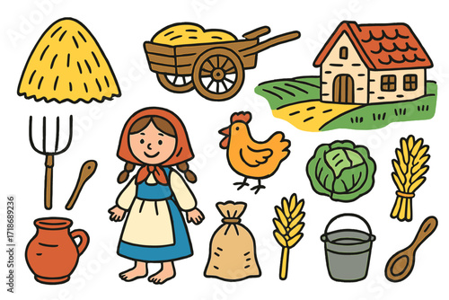 Rustic Farm Doodles. Colorful Hand-drawn doodle Children illustration Peasantry haystack, wooden cart, pitchfork, chicken, clay pot, cabbage, sack, sheaf of