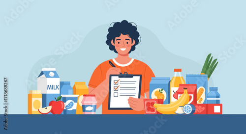 Smiling person checking grocery list, surrounded by various food items; flat-lay illustration with a cheerful and bright color palette against a light blue background.