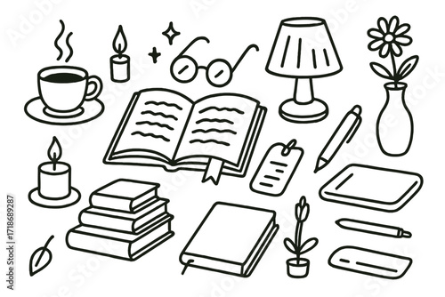 Evening Reading Essentials. Hand-drawn doodle illustration Evening Coffee Table Reading [open book, bookmark, reading glasses, coffee cup, saucer, candle,