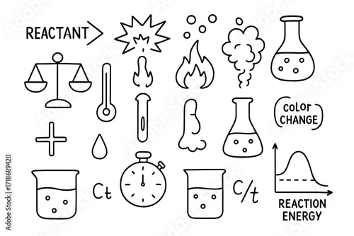 Chemical Reaction Doodles. Hand-drawn doodle illustration [chemical reactions] reactant arrow, explosion, gas bubbles, heat flame, smoke puff, reaction flask,