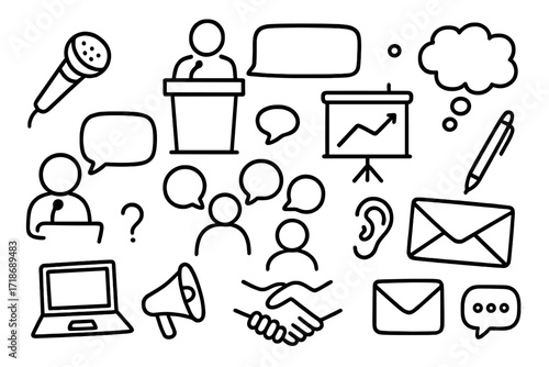 Public Speaking Doodles. Hand-drawn doodle illustration Public speaking, microphone, podium, speech bubble, presentation board, people talking, thought bubble,