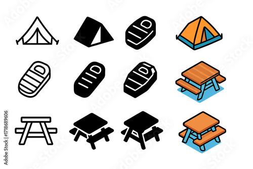 Shelter Icon Set. Icon Set of Shelter and Rest: Tent, Sleeping bag, Picnic table. Icons set in vector style, emblematic variations. Tent line, Tent solid black