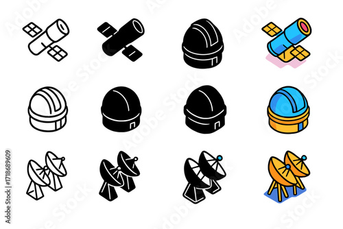 Stellar Observatory Icons. Icon Set of Stellar Observatories: Satellite telescope, Ground observatory dome, Radio dish array. Icons set in vector style,