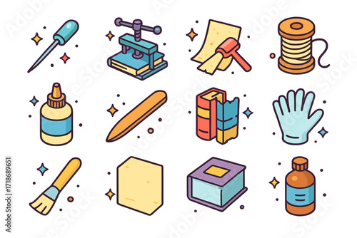 Book Restoration Tools Icons. Colorful isometric vector icons set of book restoration tools: binding needle, book press, aged page cleaner, linen thread spool,