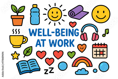 Well-Being Icons. Colorful Hand-drawn doodle Children illustration Well-being at work plant, water bottle, yoga mat, sunshine, smiley face, coffee cup,