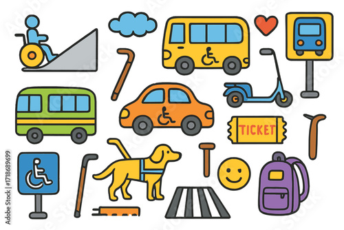 Accessible Transportation Doodles. Colorful Hand-drawn doodle Children illustration Accessible transportation [wheelchair ramp, accessible bus, train, car with