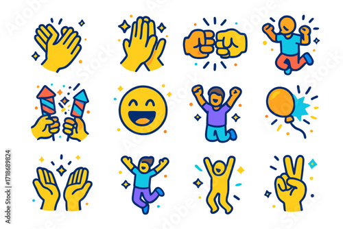 Celebratory Gesture Icons. Colorful isometric vector icons set of Celebratory gestures: clapping hands, high five, fist bump, jumping joy, fireworks in hands,