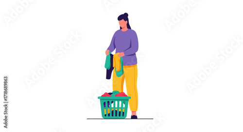 Woman sorting laundry from a green basket against a white background, flat-lay illustration with muted colors, showing clothing items and a focus on household chores.