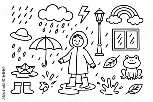 Rainy Day Doodles. Hand-drawn doodle illustration Rainy day Person with umbrella, raincoat, boots, cloud, raindrops, puddle, paper boat, hat, lightning,