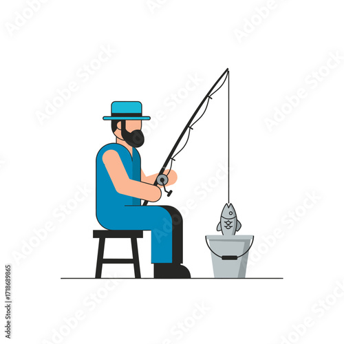 Vector Fishing Hobby Illustration – Minimalist Fisherman with Rod and Bucket