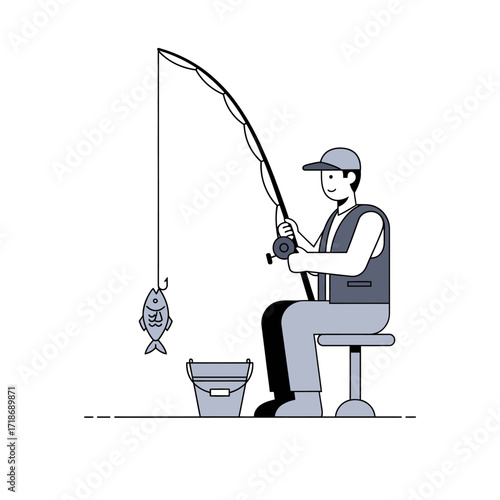 Vector Fishing Hobby Illustration – Minimalist Fisherman with Rod and Bucket