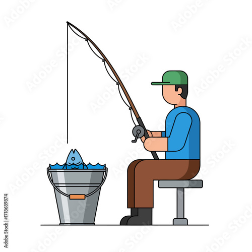 Vector Fishing Hobby Illustration – Minimalist Fisherman with Rod and Bucket