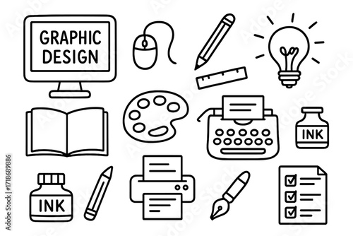 Graphic Design Doodles. Graphic Design. Hand-drawn doodle illustration catalog mockup, computer screen, mouse, ruler, pencil, sketchbook, palette, typewriter,