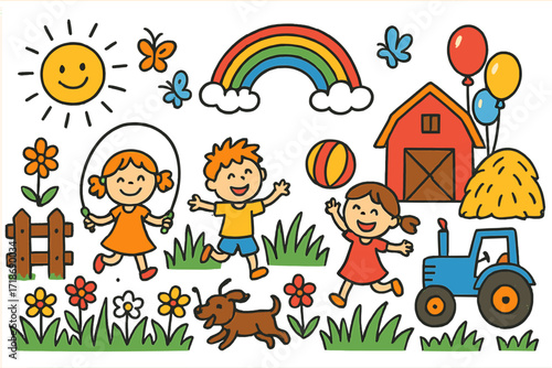 Joyful Farm Adventures. Colorful Hand-drawn doodle Children illustration Joyful Farm Adventures children running, jumping rope, ball, tall grass, tractor,