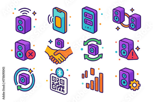 Colorful Speaker Icons. Colorful isometric vector icons set of speaker connectivity and pairing: pairing animation, phone with sound waves, paired devices