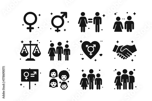 Gender Equality Icons. Gender Equality. Solid icons set of female symbol, male symbol, gender-neutral symbol, equal pay, diverse workplace, balance scale,