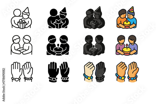 Friendship Celebration Icons. Icon Set of Celebrating Friendship: Birthday surprise, Shared cake, Matching bracelets. Icons set in vector style, emblematic