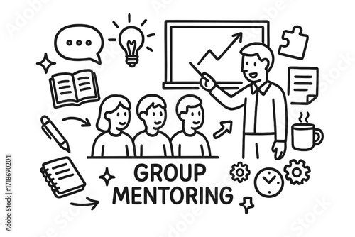 Group Mentoring Doodle. Hand-drawn doodle illustration Group mentoring [multiple figures, blackboard, book, notebook, pen, chat bubble, light bulb, document,