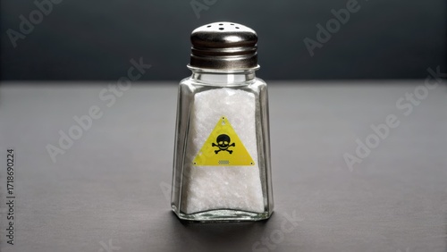 A salt shaker with a warning label indicating toxicity, emphasizing caution and potential danger associated with its contents.