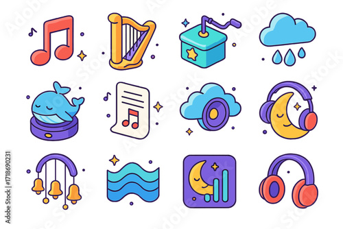 Colorful Lullaby Icons. Colorful isometric vector icons set of lullaby and soothing sounds: musical note, harp, music box, rain sounds icon, sleepy whale