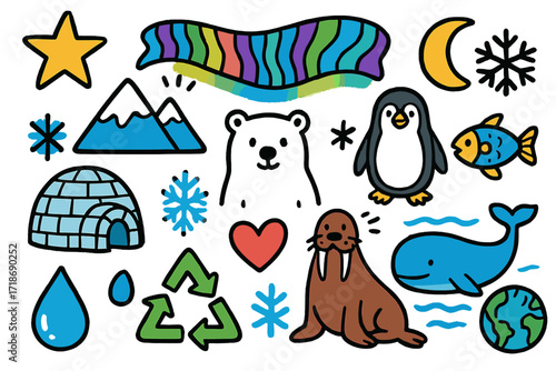 Vibrant Arctic Doodles. Colorful Hand-drawn doodle Children illustration Northern lights aurora, star, moon, snowflake, igloo, mountain, polar bear, penguin,
