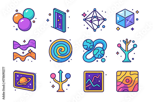 Isometric Multiverse Icons. Colorful isometric vector icons set of Parallel universe theories: multiverse bubble cluster, mirror universe door, string theory