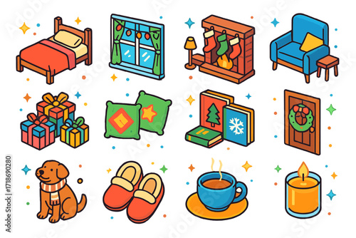 Holiday Home Icons. Colorful isometric vector icons set of holiday home scene: cozy bed, holiday lights on window, fireplace with stockings, reading nook,