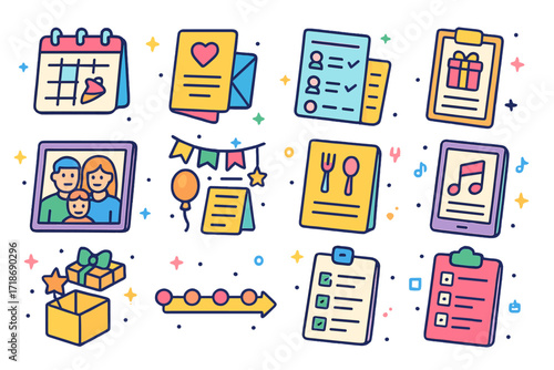 Family Celebration Icons. Colorful isometric vector icons set of Family Celebration Planning: event calendar, invitation card, RSVP list, gift registry, family