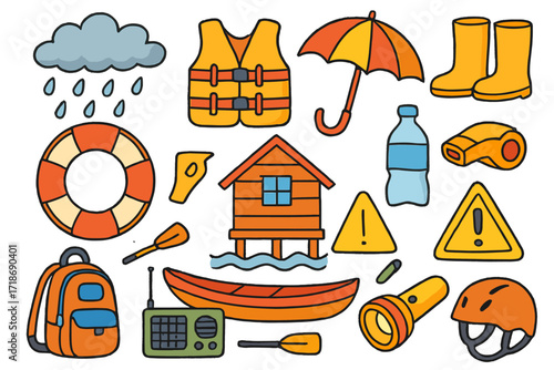 Flood Safety Doodles. Colorful Hand-drawn doodle Children illustration Flood safety [life jacket, lifebuoy, rain boots, umbrella, bottled water, whistle,