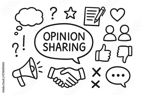 Opinion Sharing Doodles. Opinion Sharing. Hand-drawn doodle illustration opinion sharing speech bubble, thought bubble, notebook, pen, question mark,