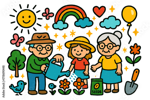 Gardening Joy with Grandparents. Colorful Hand-drawn doodle Children illustration Gardening with Grandparents grandparents, watering can, flower, butterfly,