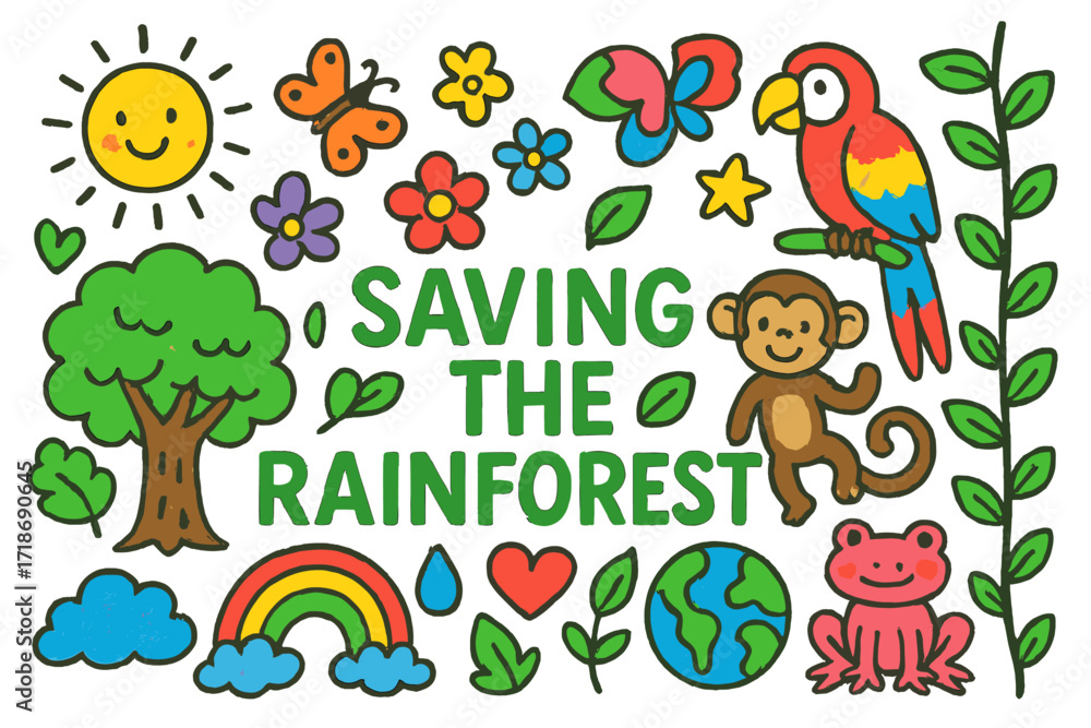 Naklejka premium Save the Rainforest Doodles. Colorful Hand-drawn doodle Children illustration Saving the Rainforest [tree, parrot, monkey, flower, butterfly, sun, rainbow,