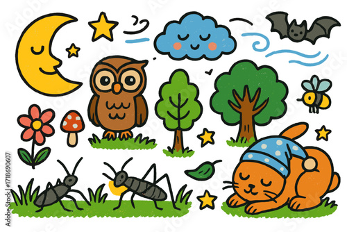 Whimsical Night Meadow. Colorful Hand-drawn doodle Children illustration Night meadow moon, star, grass, flower, mushroom, owl, firefly, sleeping bunny, tree,