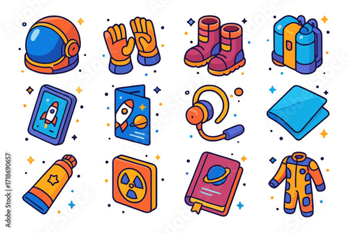 Space Travel Gear Icons. Colorful isometric vector icons set of space travel gear: advanced helmet, space gloves, magnetic boots, oxygen backpack, flight