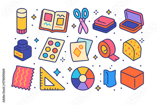 Art Journal Tools Icons. Colorful isometric vector icons set of Art journal tools: glue stick, journal pages, collage scissors, stamp pad, ink bottle, sticker