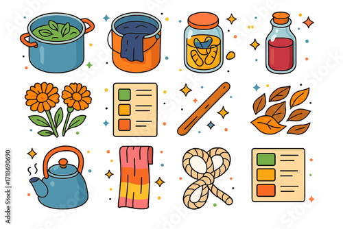 Colorful Natural Dye Icons. Colorful isometric vector icons set of Natural dyeing techniques: dye pots with plants, indigo bath, turmeric dye jar, beet juice