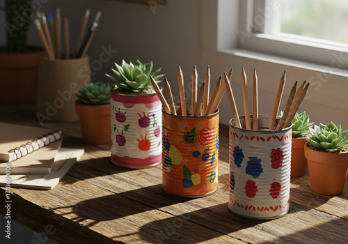 Colorful painted cans pencil holders
