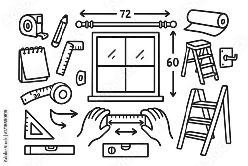 Curtain Measurement Tools. Hand-drawn doodle illustration measuring for curtains measuring tape, pencil, ruler, notepad, step stool, ladder, window frame,