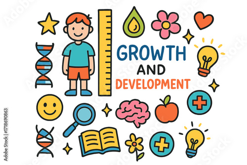 Children's Growth Symbols. Colorful Hand-drawn doodle Children illustration Growth and development child figure, ruler, hormone droplet, DNA strand, star,