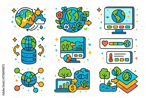 Isometric Global Icons. Colorful isometric vector icons set of global digital twin integration: interconnected climate systems map, global biodiversity twin,