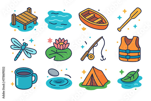 Lakeside Relaxation Icons. Colorful isometric vector icons set of lakeside relaxation: wooden dock, calm water, rowboat, canoe paddle, dragonfly, water lily,