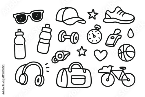 Sporty Doodle Icons. Hand-drawn doodle illustration sporty look with sunglasses sunglasses, cap, running shoes, water bottle, dumbbell, stopwatch, whistle,