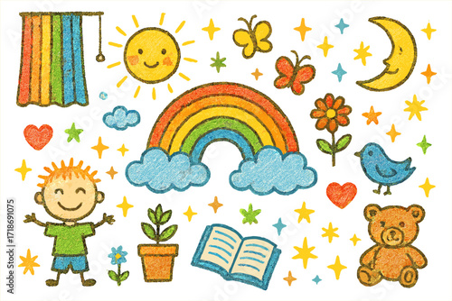 Colorful Doodle Curtains. Colorful Hand-drawn doodle Children illustration Linen Curtains and Rainbow linen curtains, rainbow, clouds, sun, butterflies,