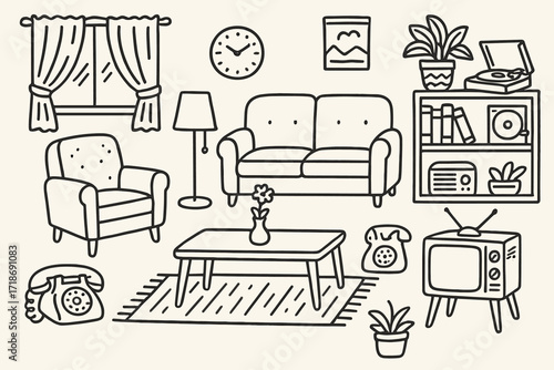 Retro Living Room Doodle. Hand-drawn doodle illustration Retro living room interior [sofa, armchair, coffee table, floor lamp, rug, retro TV, bookshelf, vinyl
