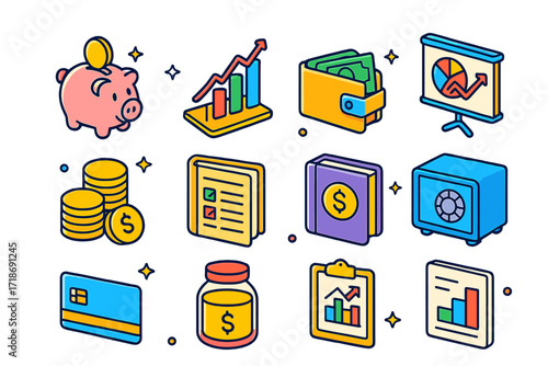 Financial Goals Icons. Colorful isometric vector icons set of Financial Goals and Success: piggy bank, savings graph, wallet with cash, investment chart, coin