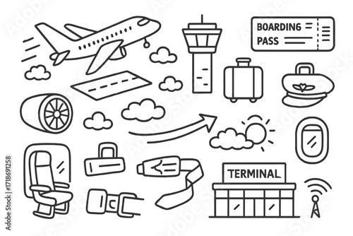 Aviation Doodle Icons. Hand-drawn doodle illustration flight takeoff airplane, runway, control tower, boarding pass, suitcase, clouds, jet engine, pilot hat,