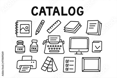 Doodle Print Catalog Cover. Print Design. Hand-drawn doodle illustration catalog cover, sketchbook, pencil, ruler, paper stack, ink bottle, typewriter,