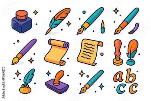 Colorful Calligraphy Icons. Calligraphy. Colorful isometric vector icons set of calligraphy: ink bottle, quill pen, fountain pen, dip pen, calligraphy brush,