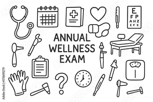 Annual Wellness Icons. Hand-drawn doodle illustration Annual wellness exam stethoscope, calendar, patient file, heart icon, blood pressure cuff, thermometer,
